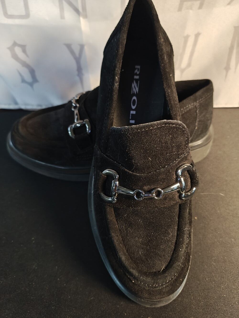 RIZZOLI Women's 36 (5.5 / 6) Black Suede Heeled Loafers With Buckle New Blems